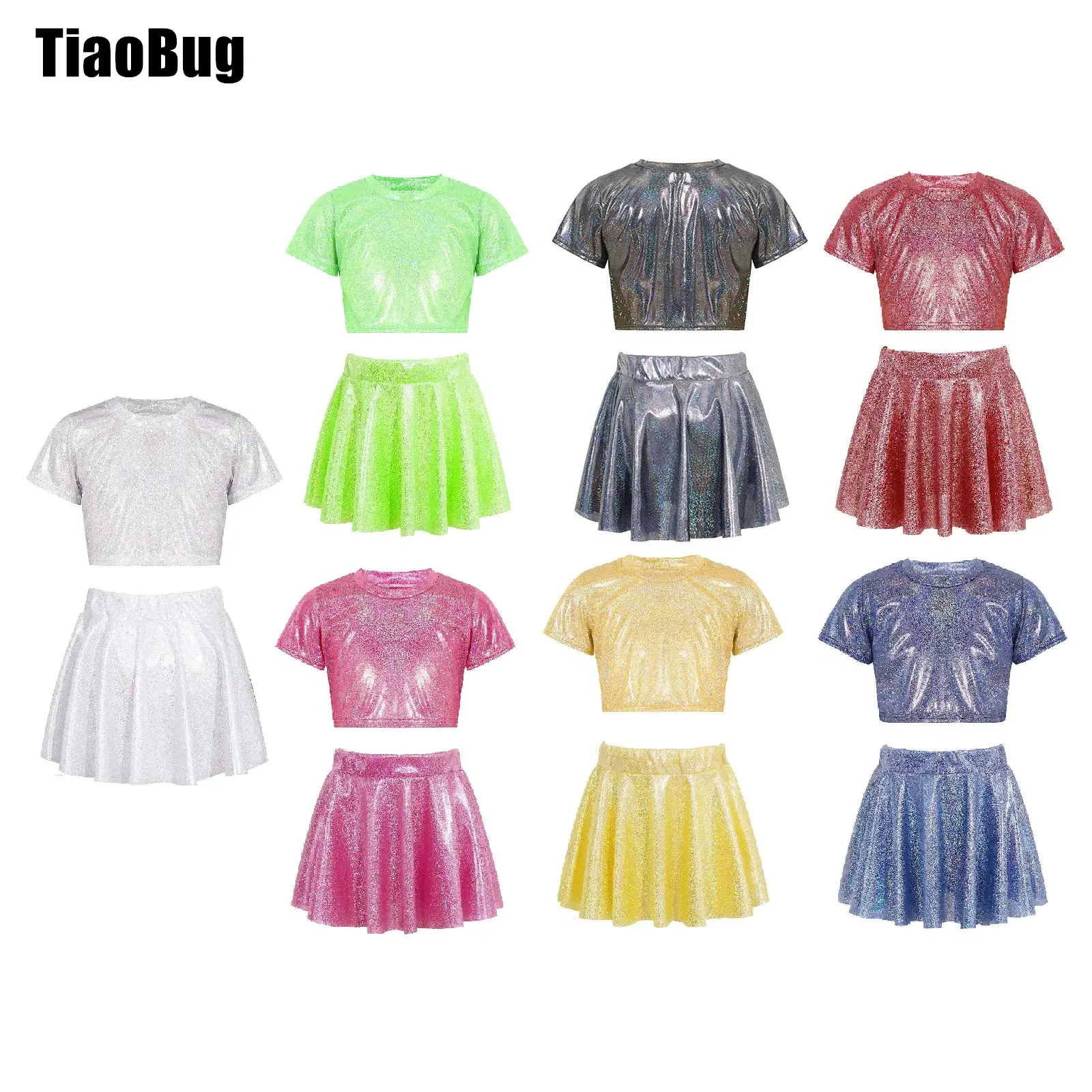 

Girls Summer Dancewear Short Sleeve Crop Top with Elastic Waistband Skirt for Performance Party Dance Costume