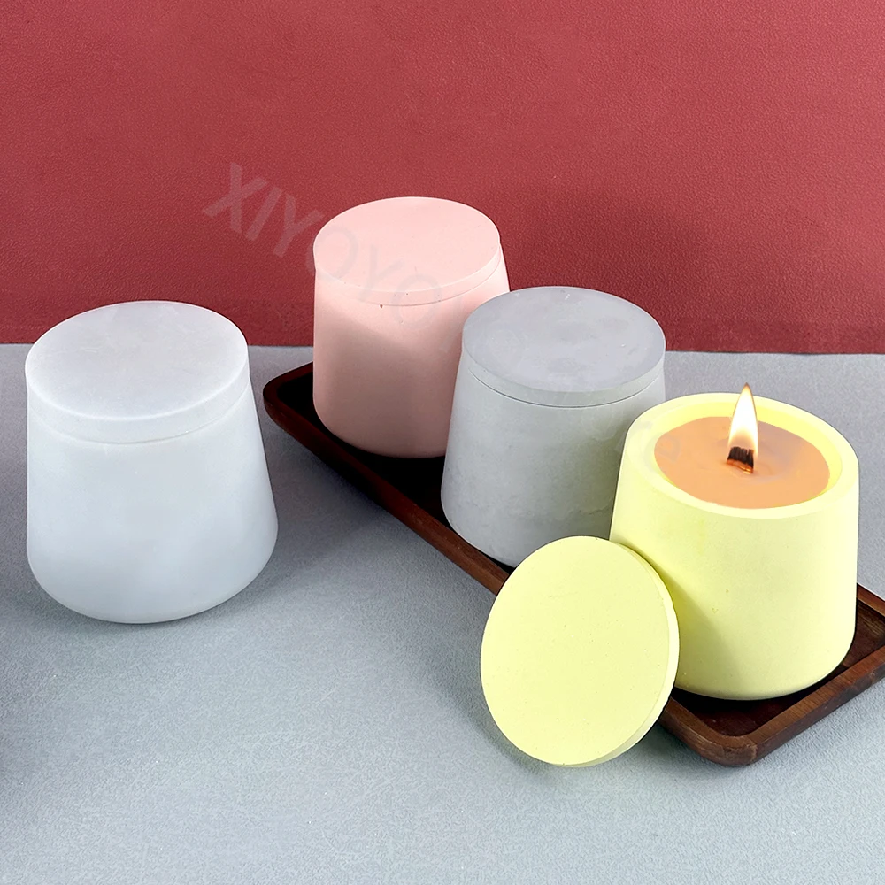 Round Candle Jar Concrete Silicone Mold Storage Box with Lid Plaster Resin Casting Mould Flower Pot Cement Mold Home Craft Decor