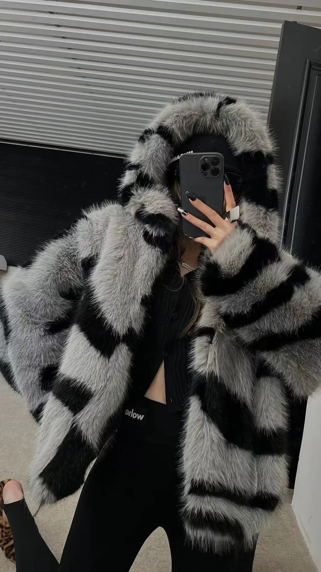 Autumn Winter Loose Hooded Cardigan Zebra Patterned Eco-friendly Fox Fur Coat Thick Warm Fur Casual Knitted Jackets for Women