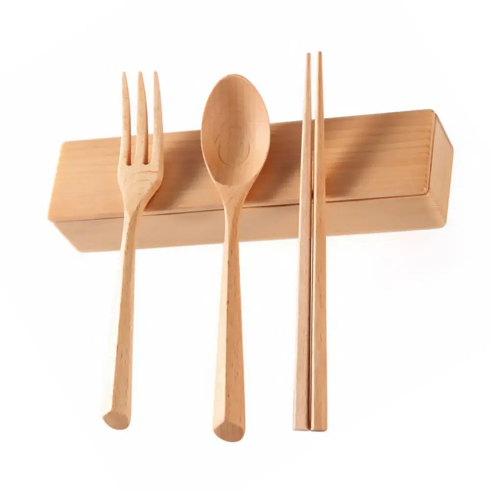 1Set Natural Wood Cutlery Set Molding Design Smooth Safe Spoons Forks for Outdoor Dining on The Go Portable Tableware