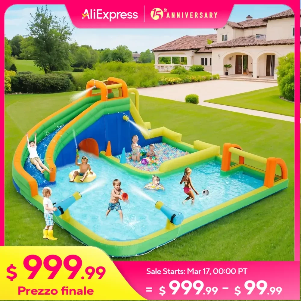 Inflatable Water Slide Park with Water Soccer, Dual Water Cannons, Included Blower, Easy to Set Up & Inflate