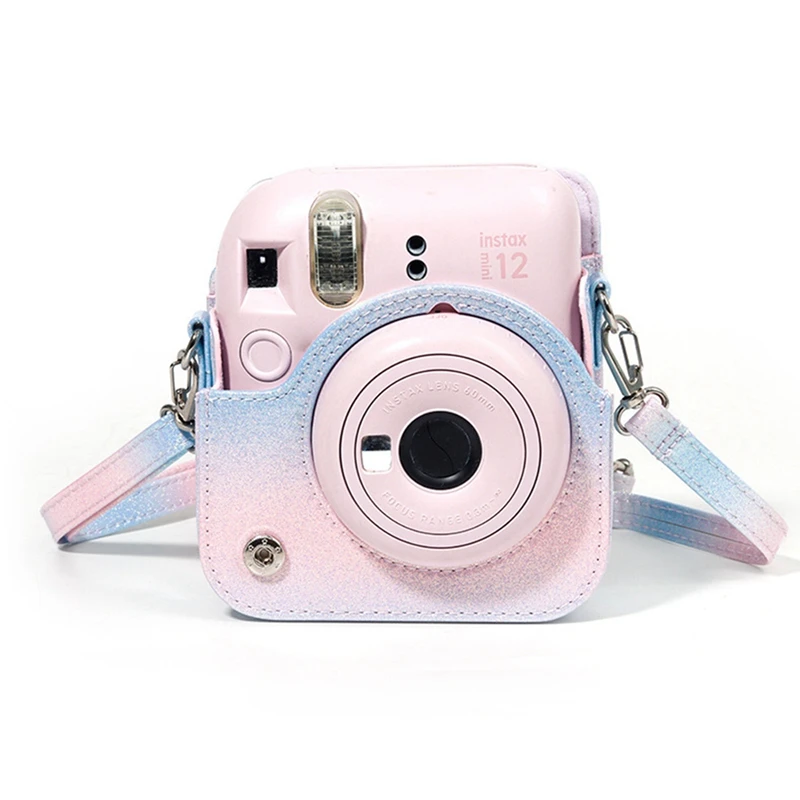 Camera Case With Adjustable Shoulder Strap PU Leather Soft Protective Case Trave Bag For Fujifilm Instax Mini 12 Pink-Purple