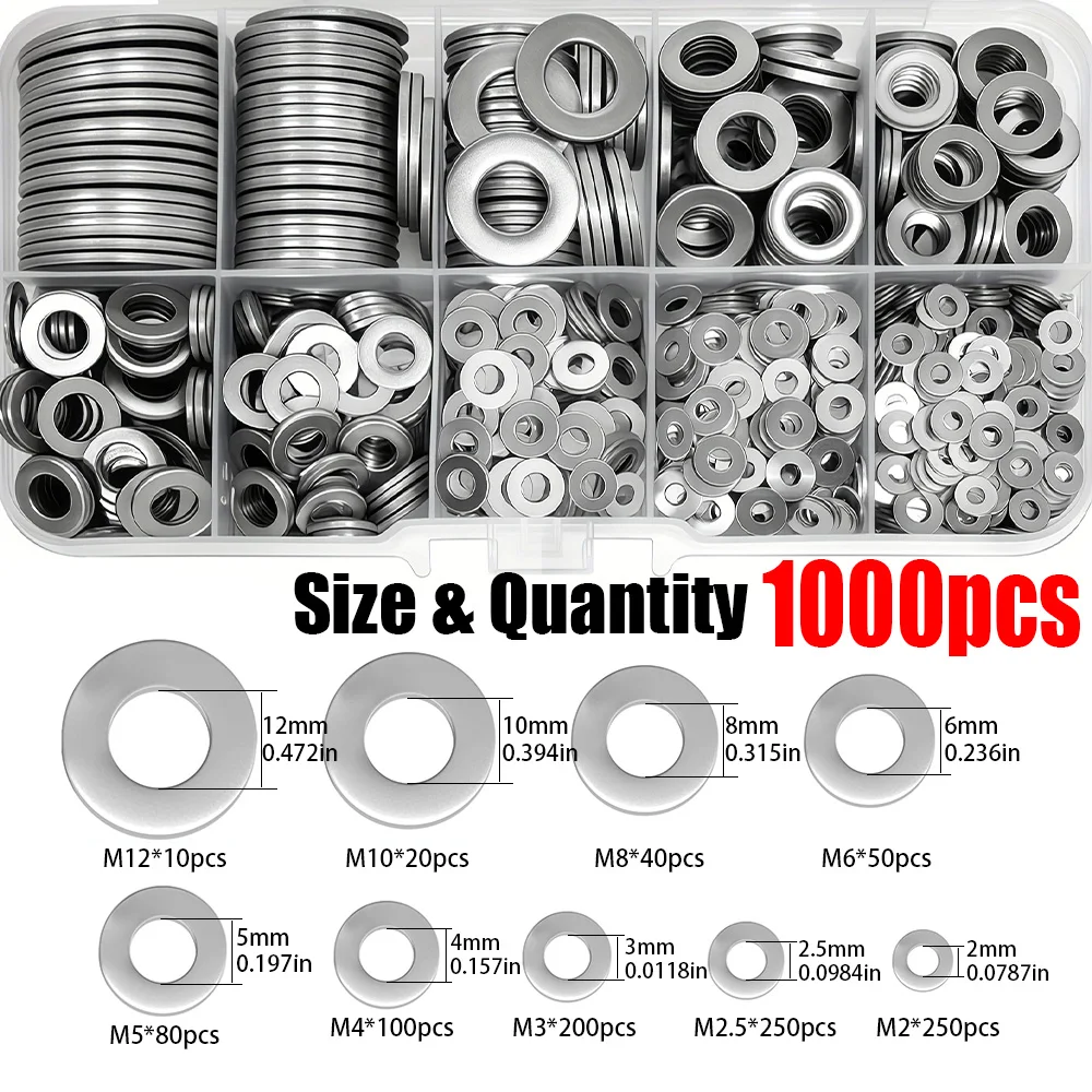1000-Piece Stainless Steel Flat Washer Set (M2 - M12) for Home, Industrial Repair, and Outdoor Construction Maintenance.