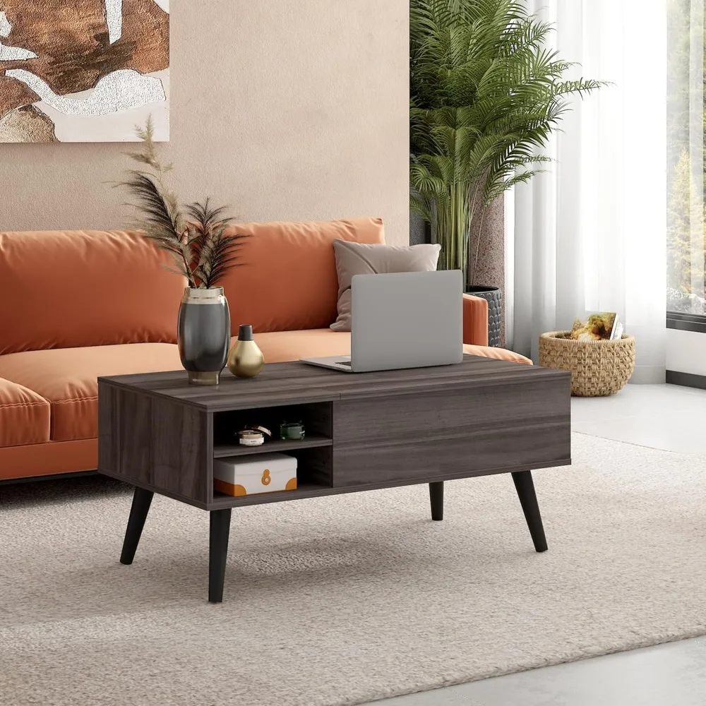 Adjustable Shelf Living Room Coffee Table with Storage, Mid-Century Modern Style, Small Space Solution