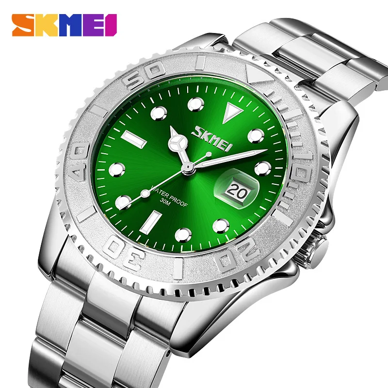 Skmei Fashion Business Thin Calendar Men's Quartz Watch Rotatable Dial Solid Steel Belt Waterproof Men's Watch