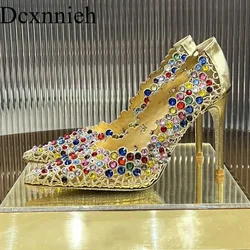 Summer New Handmade Colorful Gemstone Decoration Hollow Shallow Mouth Pointed  Toe high heels fashionable banquet dance shoes