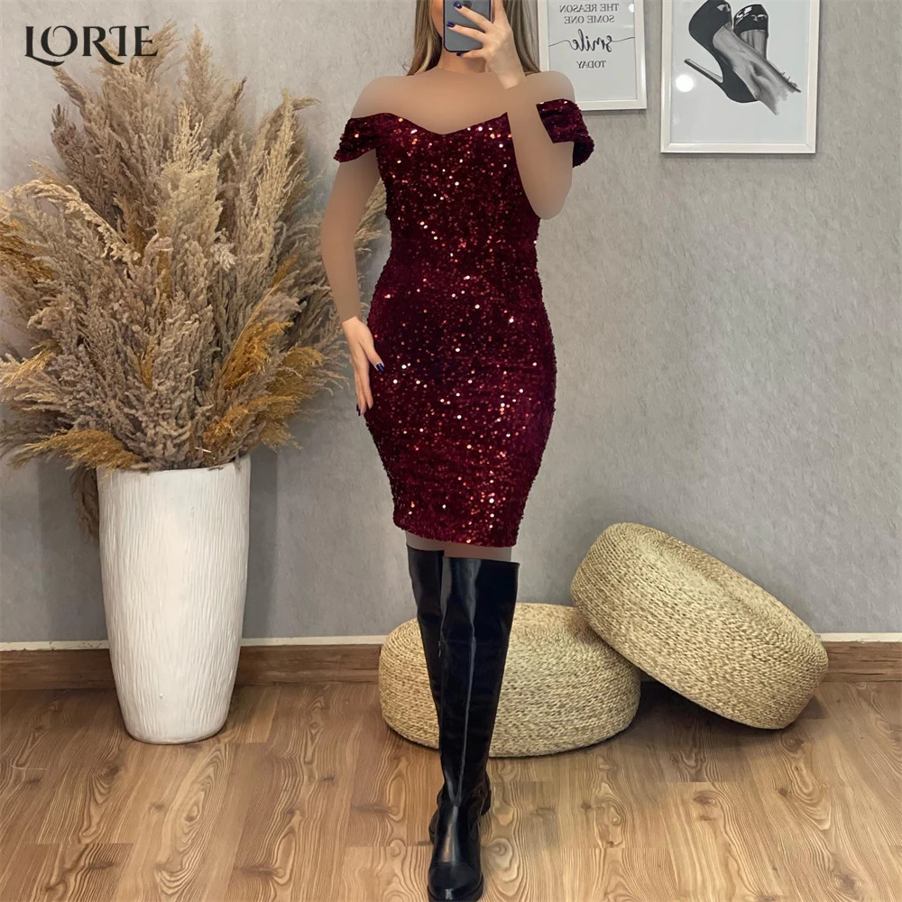 

LORIE Glitter Sexy Cocktail Party Gowns Sequins Knee-Length Off Shoulder Evening Dresses Solid Sparkly Bodycon Celebrity Gowns