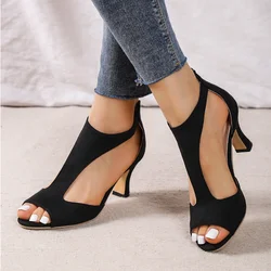 2023 Summer New Brushed Leather Fish Mouth Sandals Women's Back Zipper Sexy Solid Color Comfortable High Heel Single Shoes Women