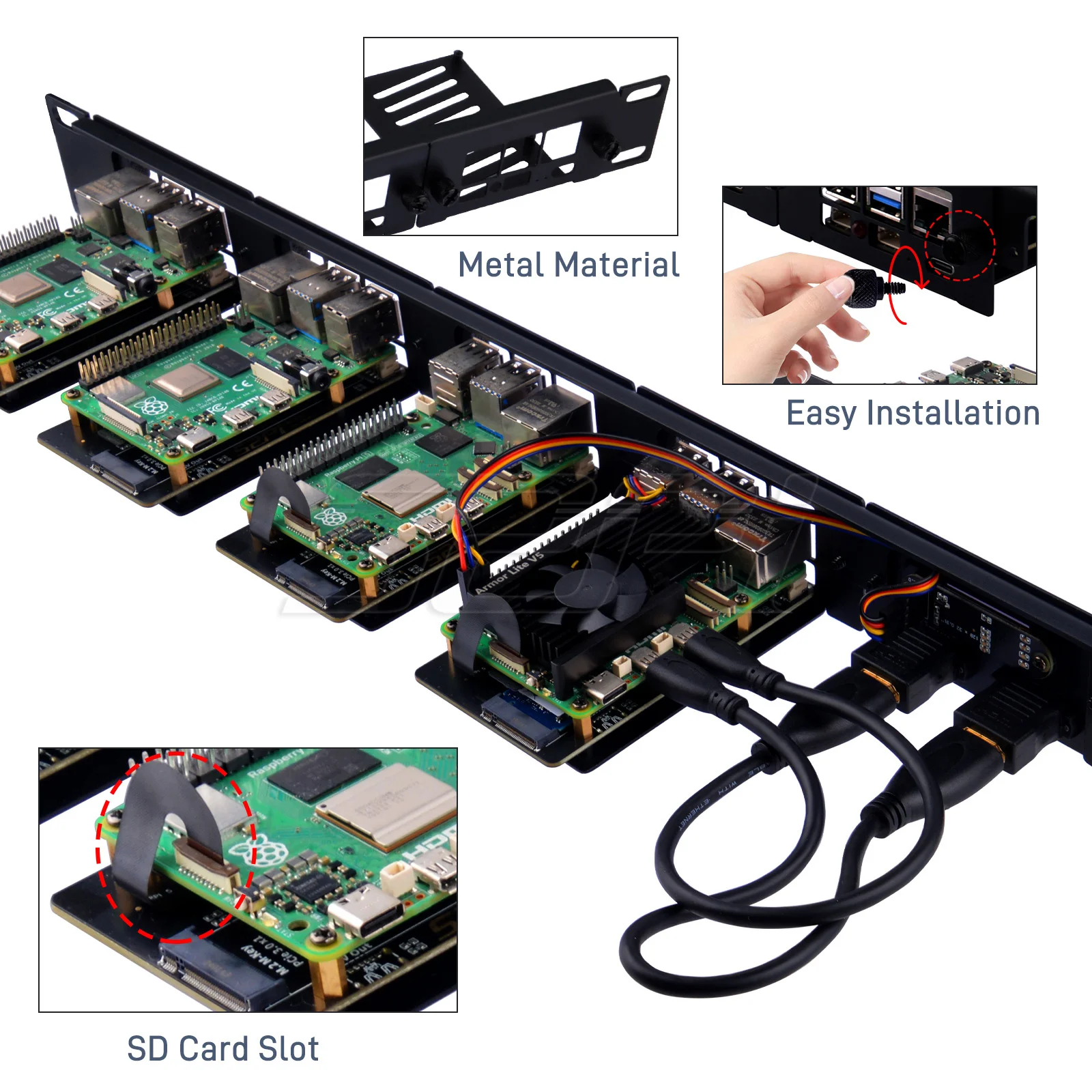 52Pi 1U Rackmount Steel Bracket Kit for Raspberry Pi 5 19 Inch 4 Slots M.2 NVMe SSD 2230/2242/2260/2280