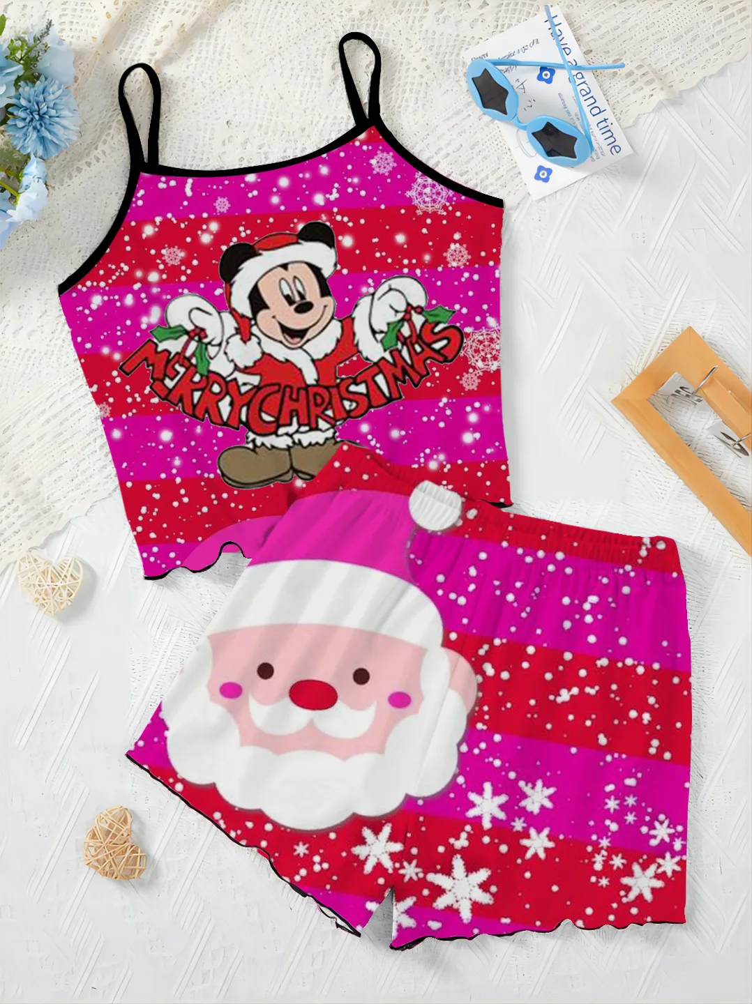 Top Slip Dress Christmas Lettuce Trim Short Sets for Women 2 Pieces Minnie Mouse Disney T-shirt Mickey Women's Suit Elegant Home