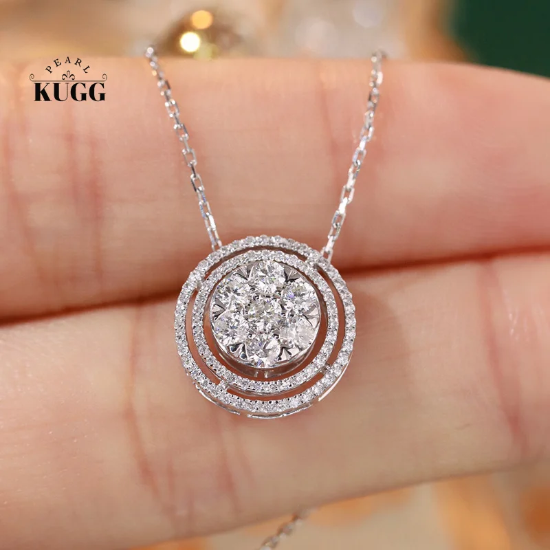 KUGG 100% 18K White Gold Necklace Luxury Round Design 0.50carat Real Natural Diamond Pendant Necklace for Women Party Jewelry