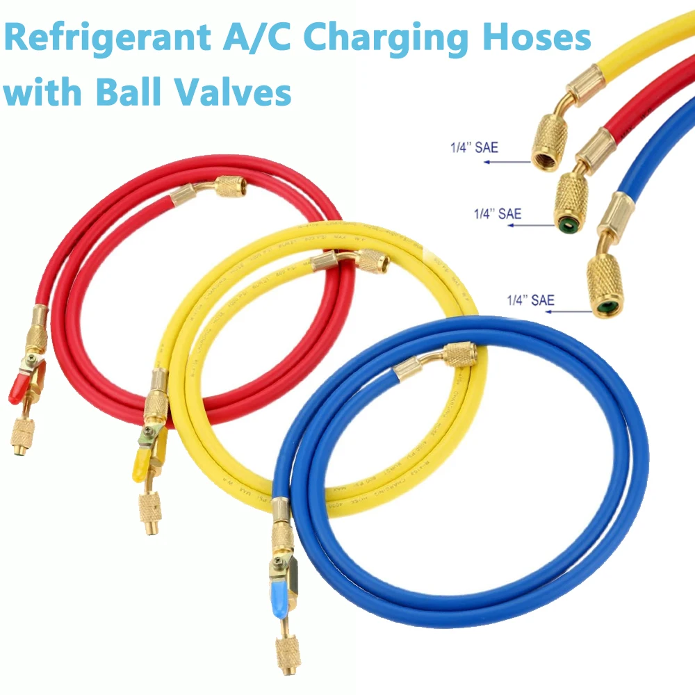 

Refrigerant AC Charging Hoses with Ball Valves,60" R410A HVAC 1/4" SAE 800 PSI Working Pressure,Fit for R134A R12 Coolant Adding