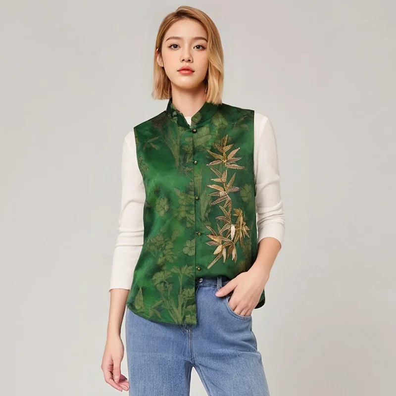 High Quality Women's Non-Heritage Silk New Chinese Vest Real Retro Loose Lapel Slit Hemline at Hem