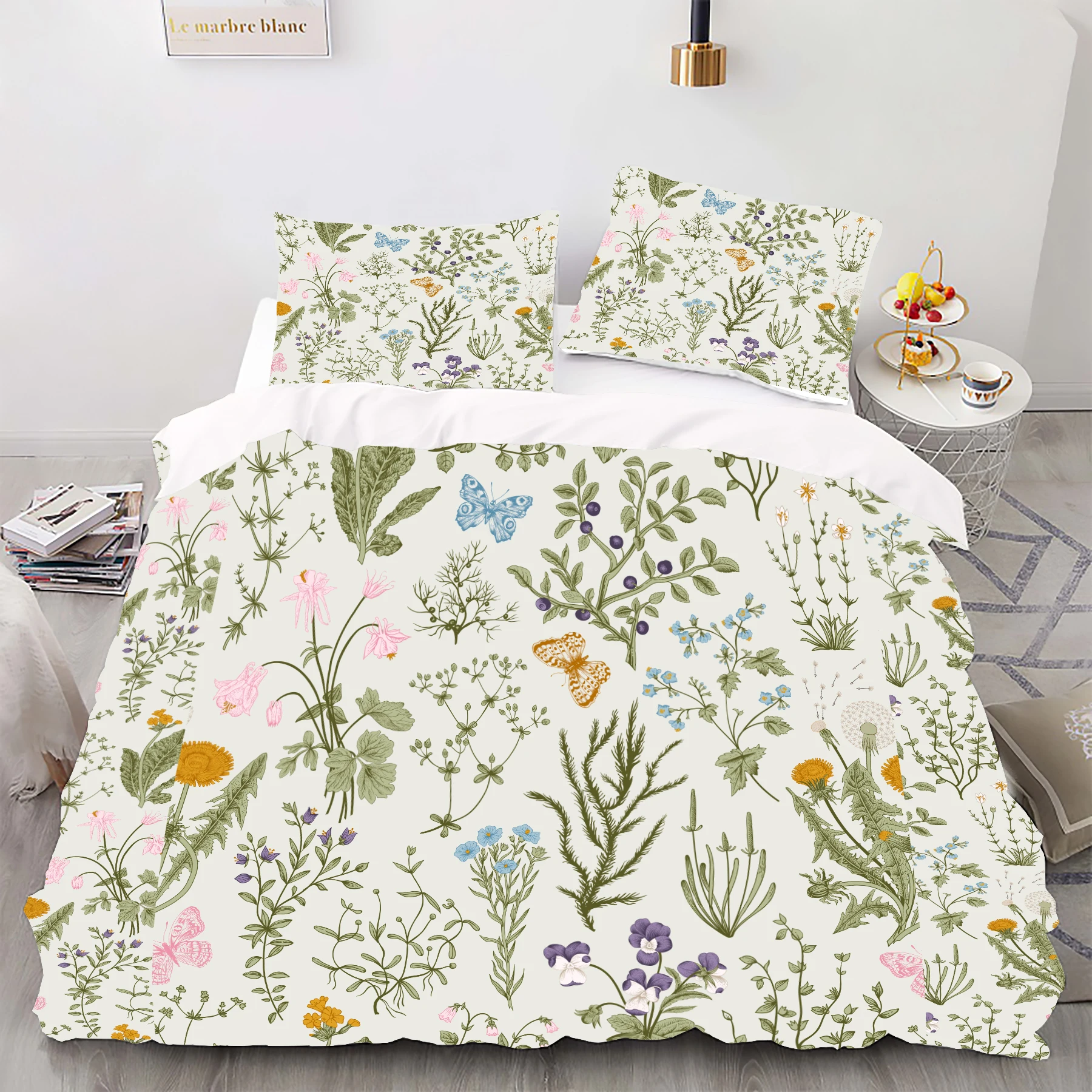 Floral Butterfly Style Digital Printed Duvet Set - Polyester - Bedroom Decor -1 bed cover +2 pillowcases (no pillow core)