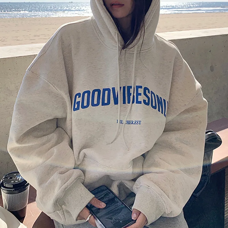 Autumn Winter New Arrival Loose Women's Hoodie Sweatshirt Grey Oversize Letter Print Long Sleeve Casual Style Polyester Fabric