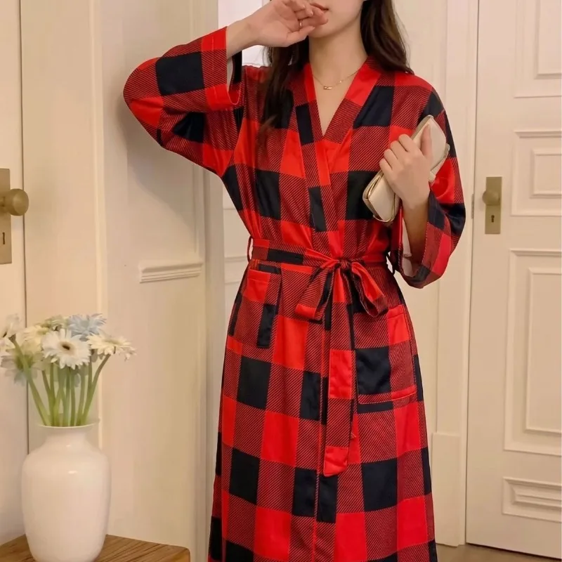 Simple Red Checkered Robe for Women—new Spring/Fall Style, Long-Sleeve, Loose-Fitting, Comfortable Nightgown and Loungewear