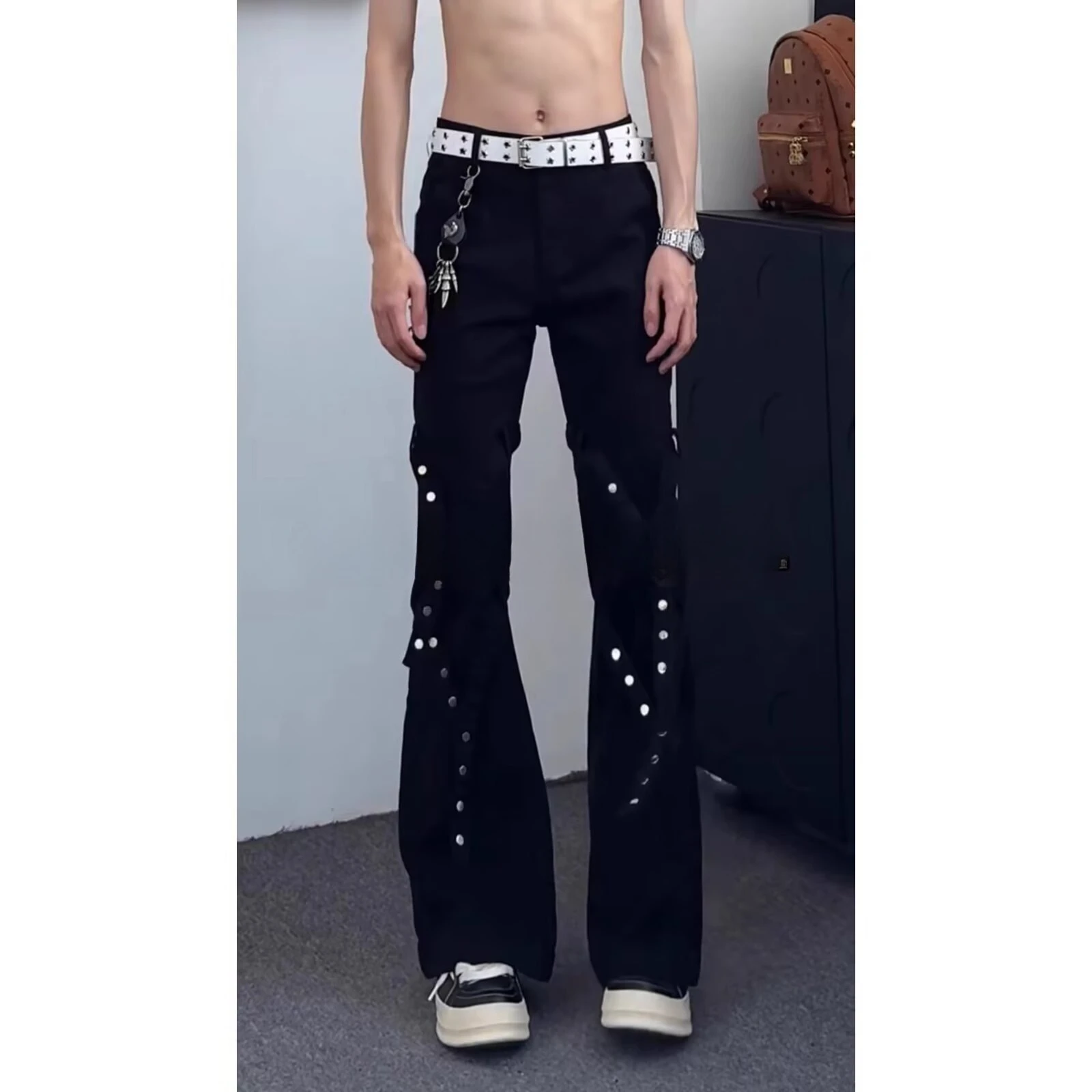Pant Man Workwear Pocket Ribbon Flared Trousers Designer Metal Leg Ring Stitched Jeans Man Fashionable Personality Cool