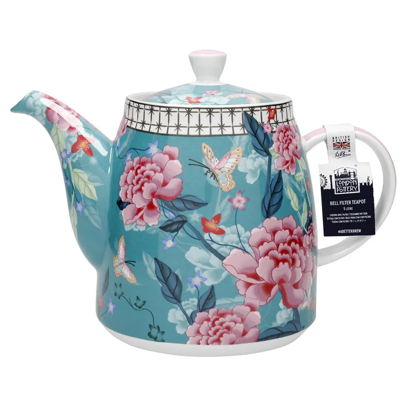 

London Pottery Ceramic Bell -shaped Teal Floral Teapot 1 Litre (33.8 Fl oz) with Stainless Steel Tea Infuser for Afternoon Tea