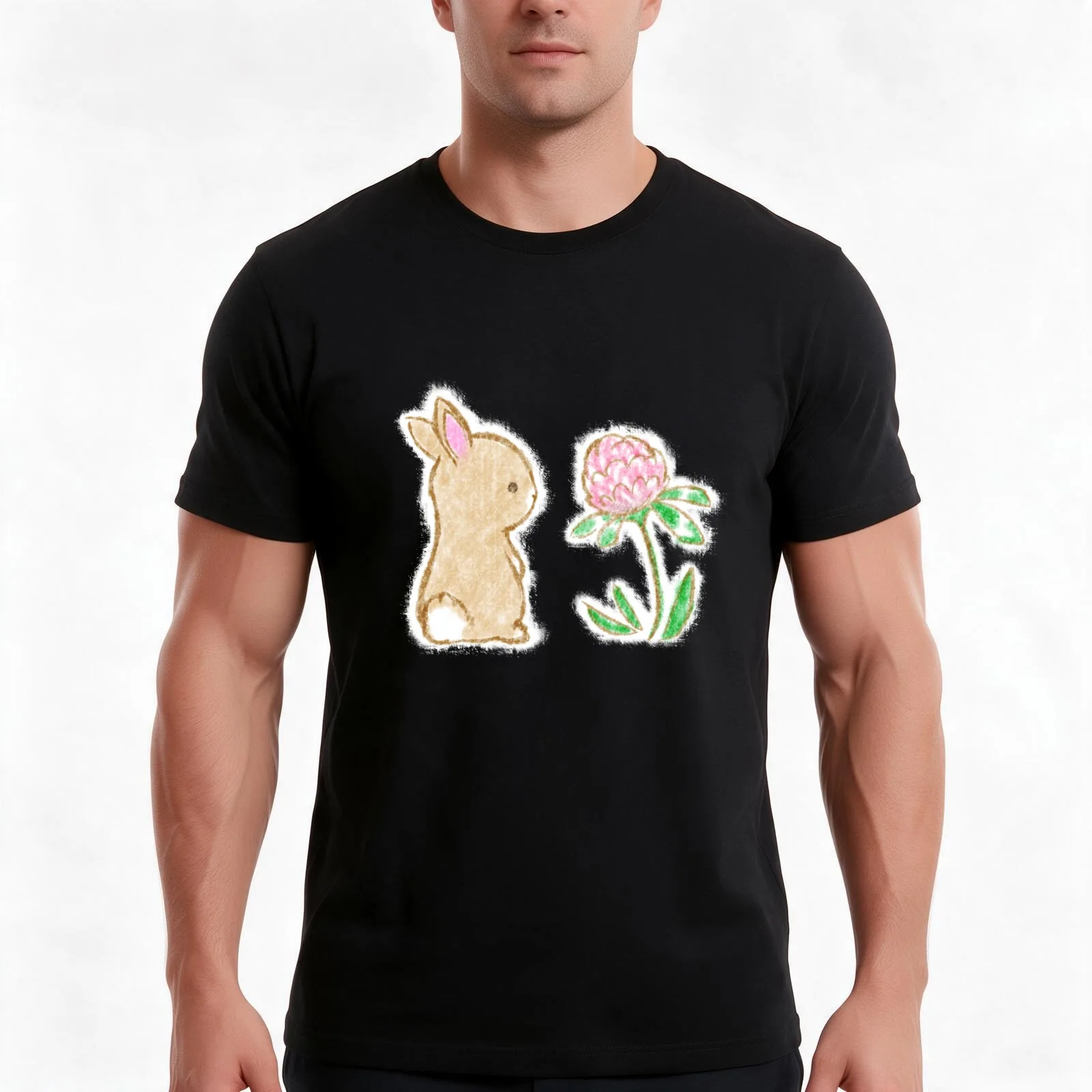 Clover Bunny T-Shirt, Summer Casual Cotton Tee, Oversized Streetwear Tops, Vintage Graphic Print, Loose Fit Short Sleeve
