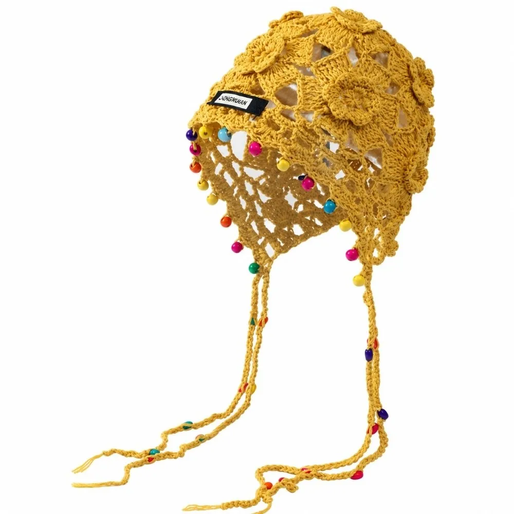 Openwork Crochet Knitted Beanie Drawstring Strap Color Bead Tassel Boho Hat Hand‑hooked Craft Soft Yarn Fabric Ethnic Beanie