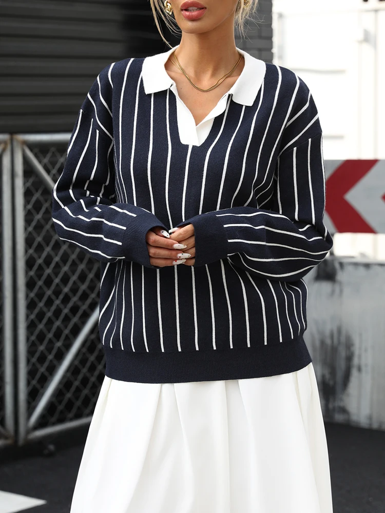 

New Summer Women's Striped Sweater,Turn-Down Collar Sweaters,Long Sleeve Sweaters,Casual Sweaters,Cozy Sweaters,Woman's Clothing