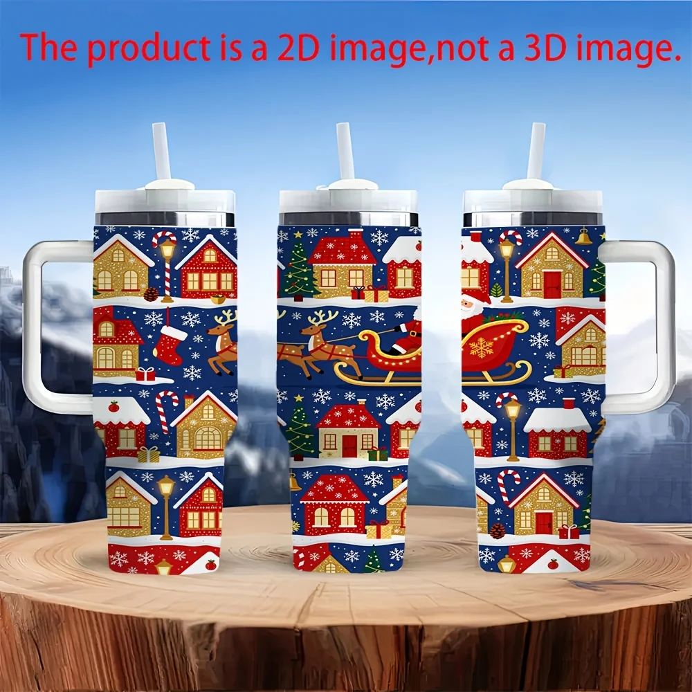 1ps Halloween and Christmas 40oz Insulated Tumbler with Handle and Straw, Christmas Winter Town House Reindeer Sleigh Print Water Cup, for Car Travel Home Office Holiday Party Daily Hot Cold Drinks Use