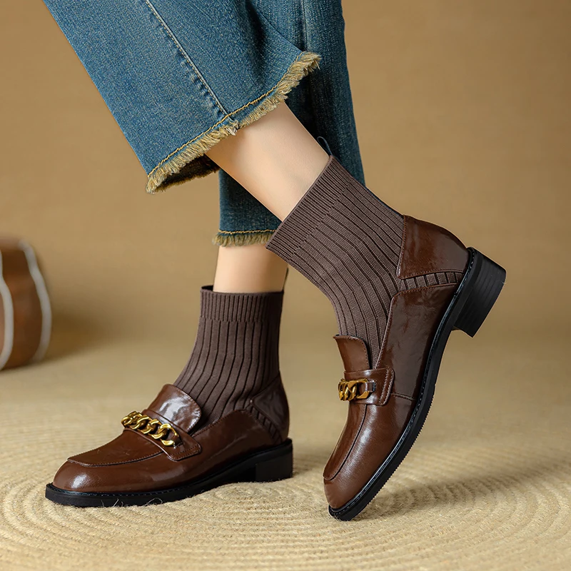 

2025 Spring Summer New Women's Elastic Sock Boots Fashionable Metal Decorated Square Toe Thick Heels Ladies Daily Office Shoes