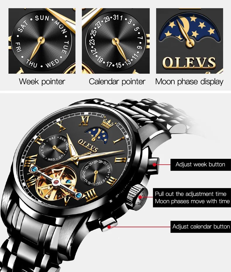 OLEVS 6617 Top Original Moon Phase Men\'s Watch Stainless Steel Luxury Brand Skeleton Tourbillon Automatic Mechanical Wristwatch