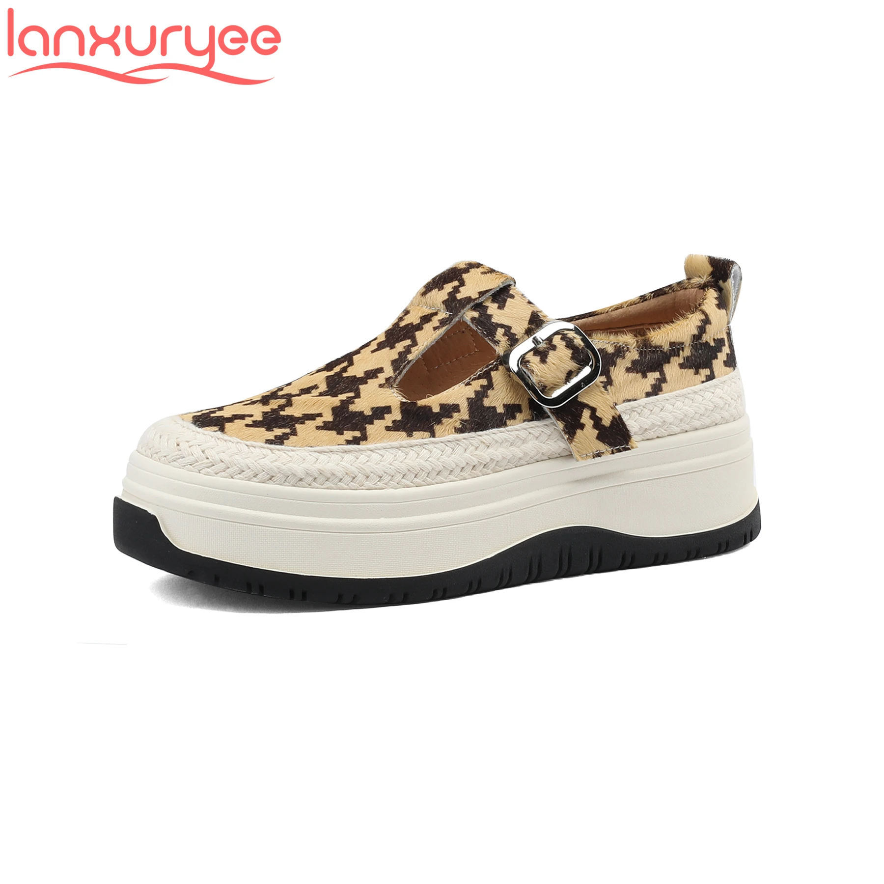 

Lanxuryee Horsehair High Heels Thick Bottom Leopard Print Spring Women Vulcanized Shoes Dress Casual Increasing Luxury Sneakers