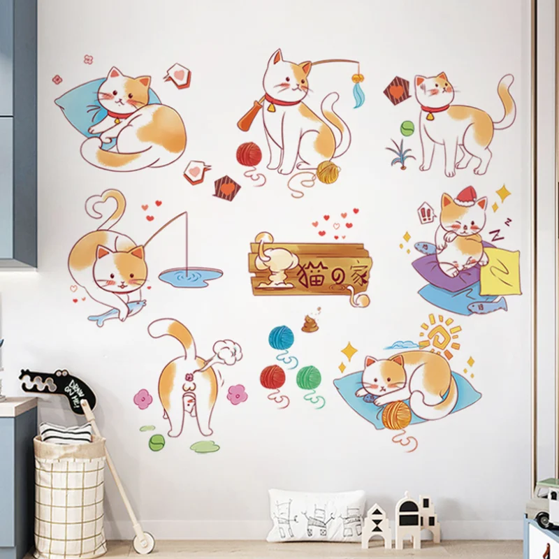 Cartoon Cat Home Wall Sticker Children Bedroom Background Decoration Kindergarten Room Classroom Sticker Waterproof Antifouling