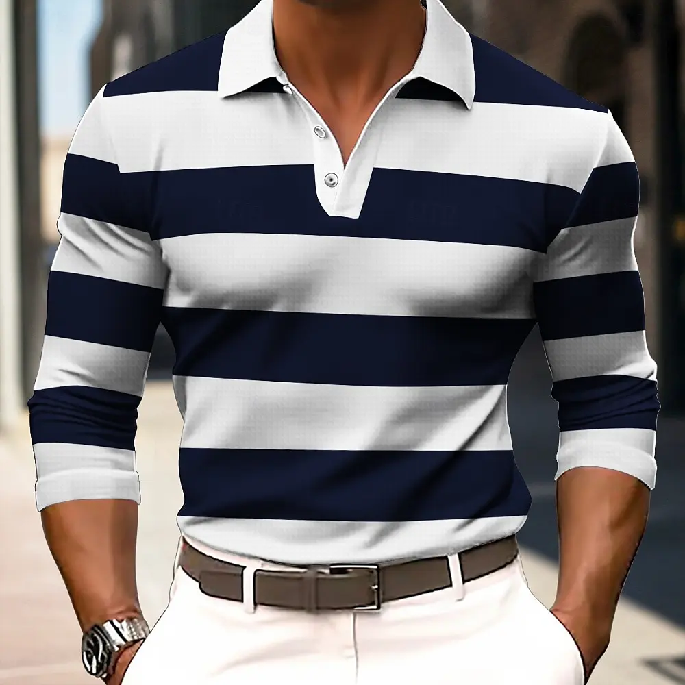 Men's Striped Rugby Long Sleeve Polo Shirt Lapel Shirt Sports Casual Outdoor Office Daily Wear Button Spring Autumn Winter image 2