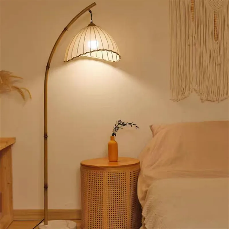 

Vintage Bamboo floor lamp Wabi Sabi Canvas Shades Led marble lamp Nordic Minimalist bedroom Living Room sofa standing lamp