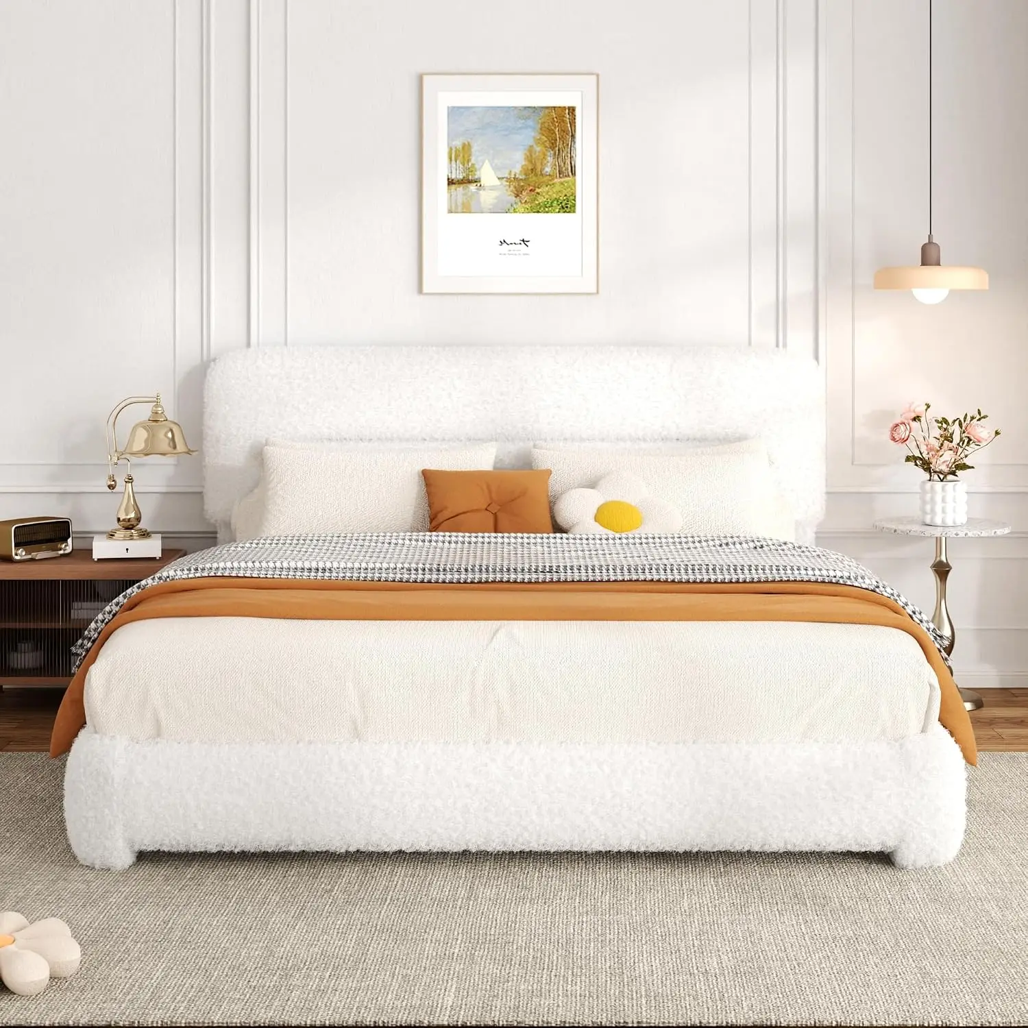 Queen Size Boucle Upholstered Platform Bed with Adjustable Headboard, Rounded Corners, Wood Slat Support, No Box Spring, Noise-F