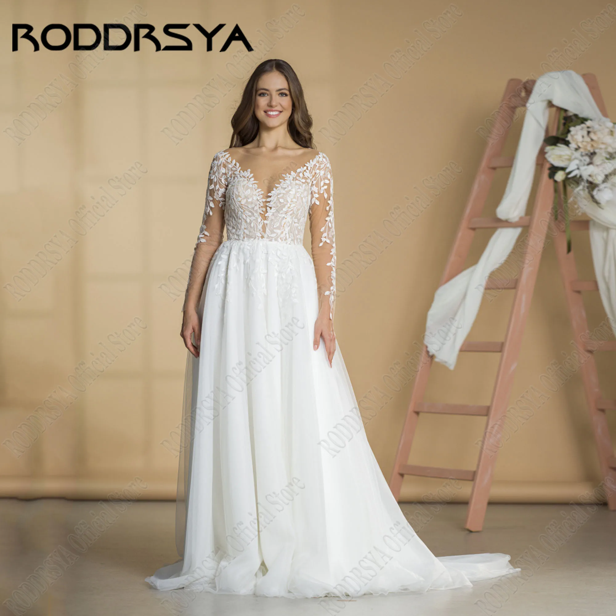 RODDRSYA Civil Backless Wedding Dress Long Sleeves O-Neck Lace Applique Bride Gowns Tulle A-Line Vestidos De Novias 2024