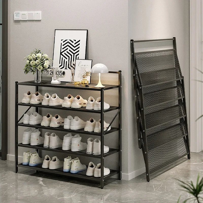 

Folding shoe rack home door installation-free metal simple 2023 new popular black and white multi-layer