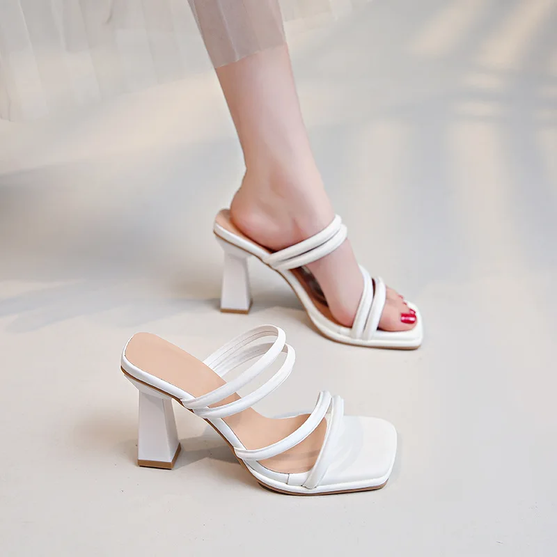 Women High Heel Sandals Summer Casual Solid Female Shoes Woman Square Toe Open Toe Ladies Thin Band Heeled Sandalias Slippers