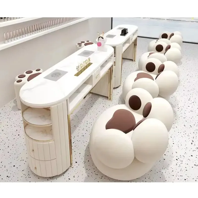 Creative Design Nail Technician Table Sets White Stone Top Luxury Double Nail Table with Double Drawer
