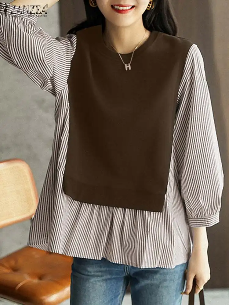 Autumn Women Stripe Patchwork Blouse Fashion Long Sleeve O-Neck Shirt 2024 ZANZEA Casual Elegant Loose Work Blusas Holiday Tops