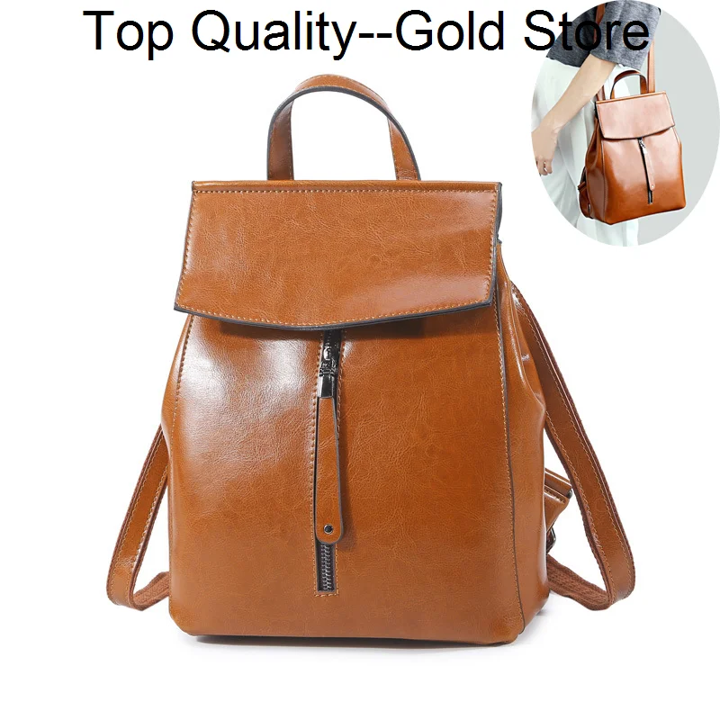 

Genuine Leather Women Backpack Shoulder Bag School Book Rucksack Grils Casual Designer Female Oil Wax Cowhide Cross body Bags