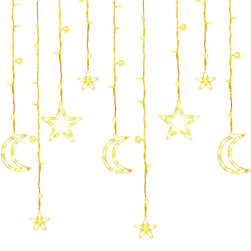 Star and Moon LED Curtain Garland Light String IP44 Grade, Suitable for Eid al-Fitr, Ramadan, Muslim Parties, Perfect Gift