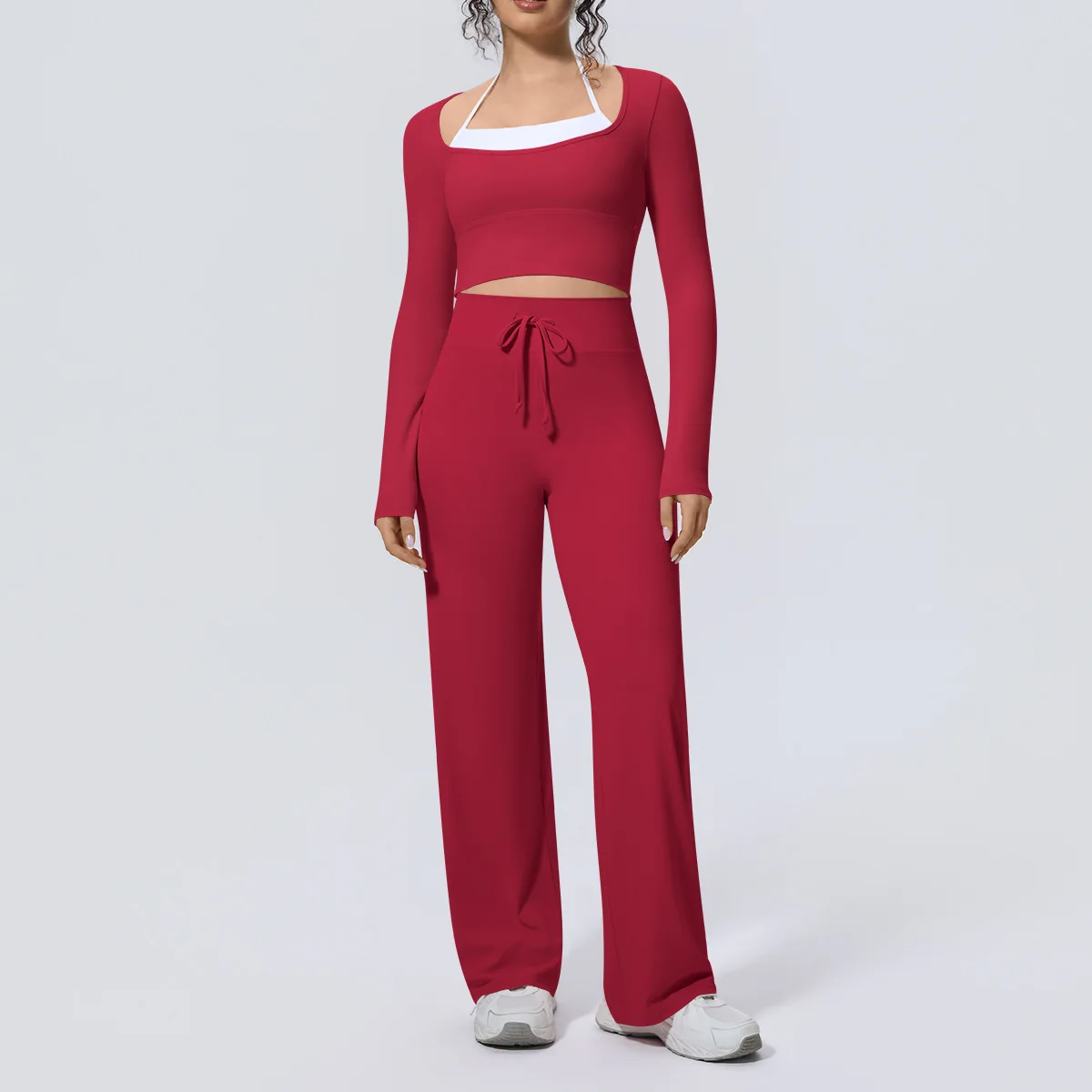 Women Yoga Suit 2PCS Square Neck Long Sleeve Crop Top High Waist Drawstring Wide Leg Pants for Workout Gym Running Fitness Set