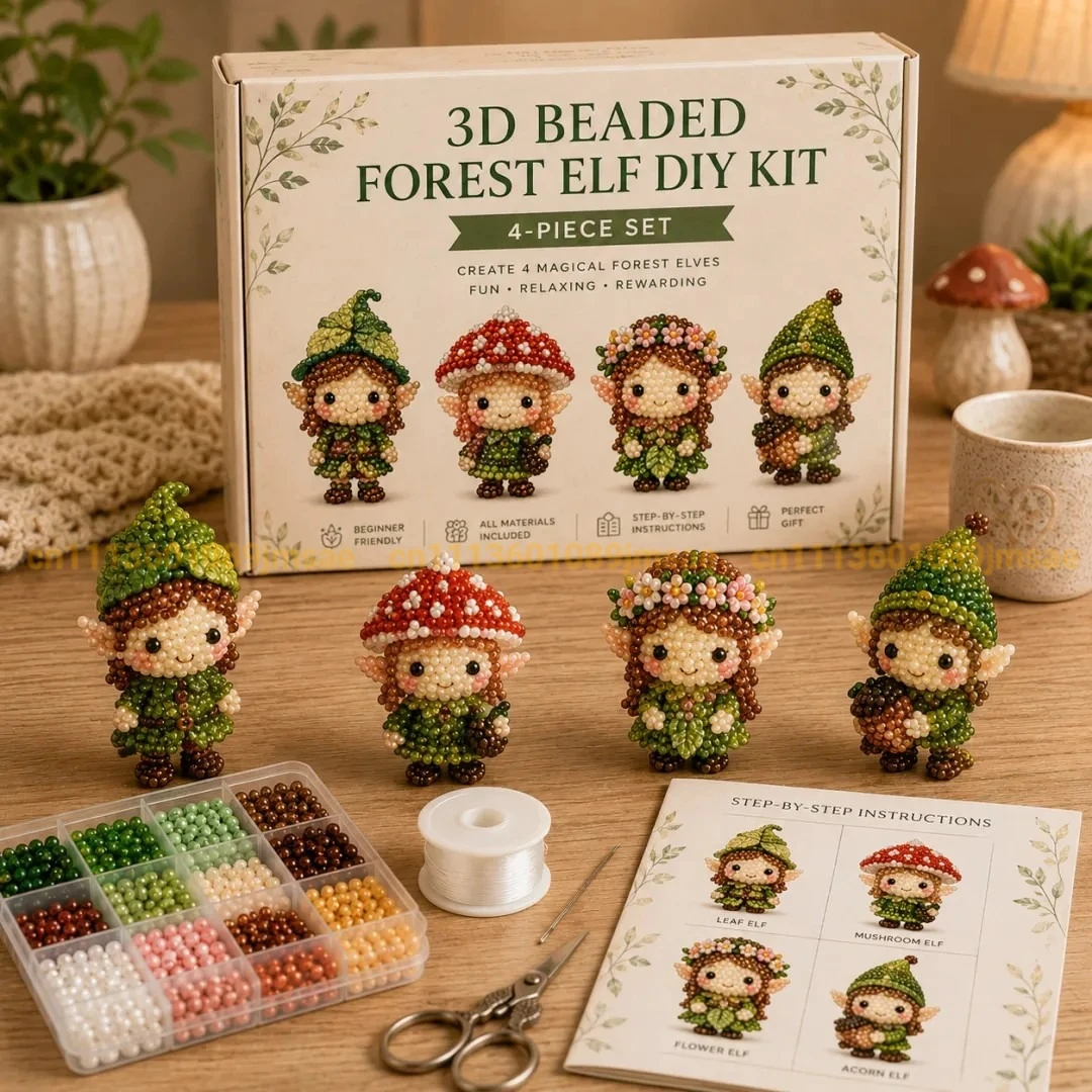 3D Beaded Forest Elf DIY Kit, 4-Piece Magical Handmade Craft Set, Bead Art Project for Adults, Teens & Craft Lovers Home Decor