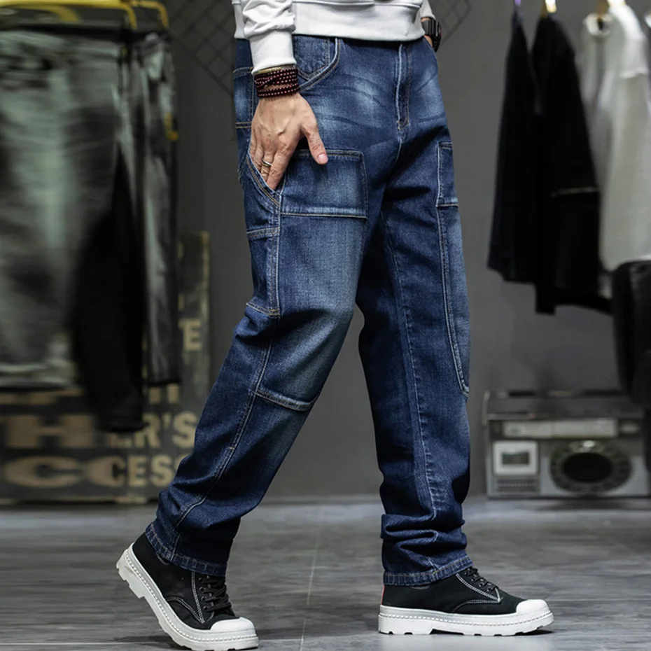 44 Plus Size Jeans Men Denim Pants Fashion Casual Multiple Pockets Cargo Jeans Male Baggy Jeans Big Size