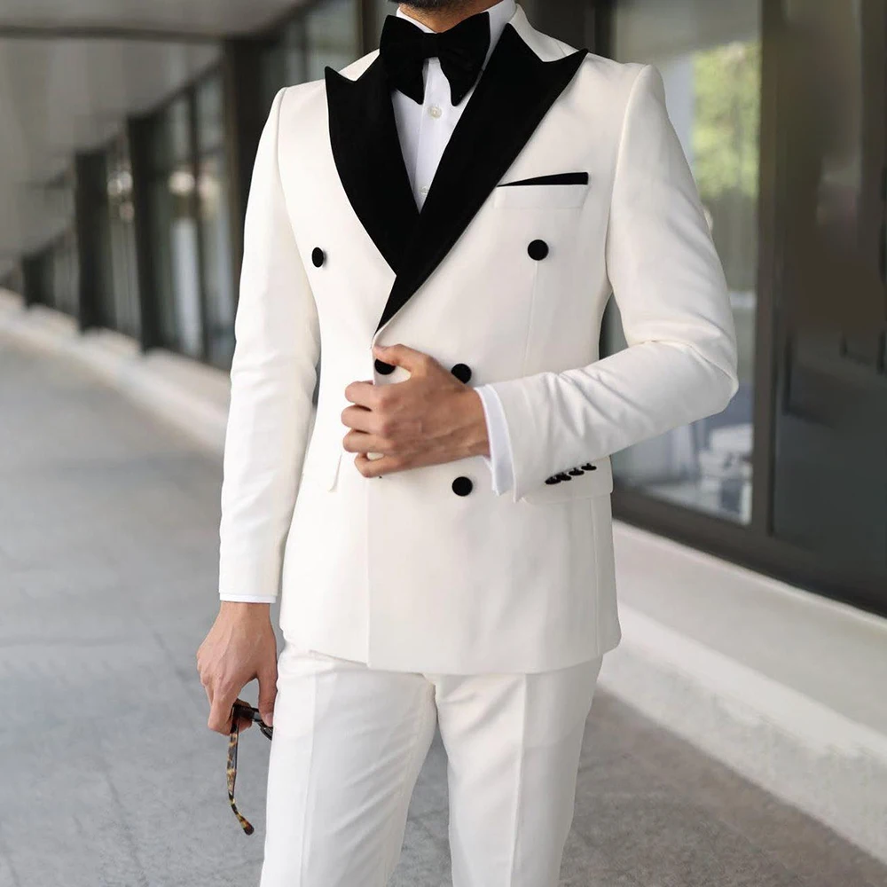 

Double Breasted Suits for Men Fashion Black Peak Lapel Slim Fit Male Clothing High Quality Wedding 2 Piece Jacket Pants Outfits