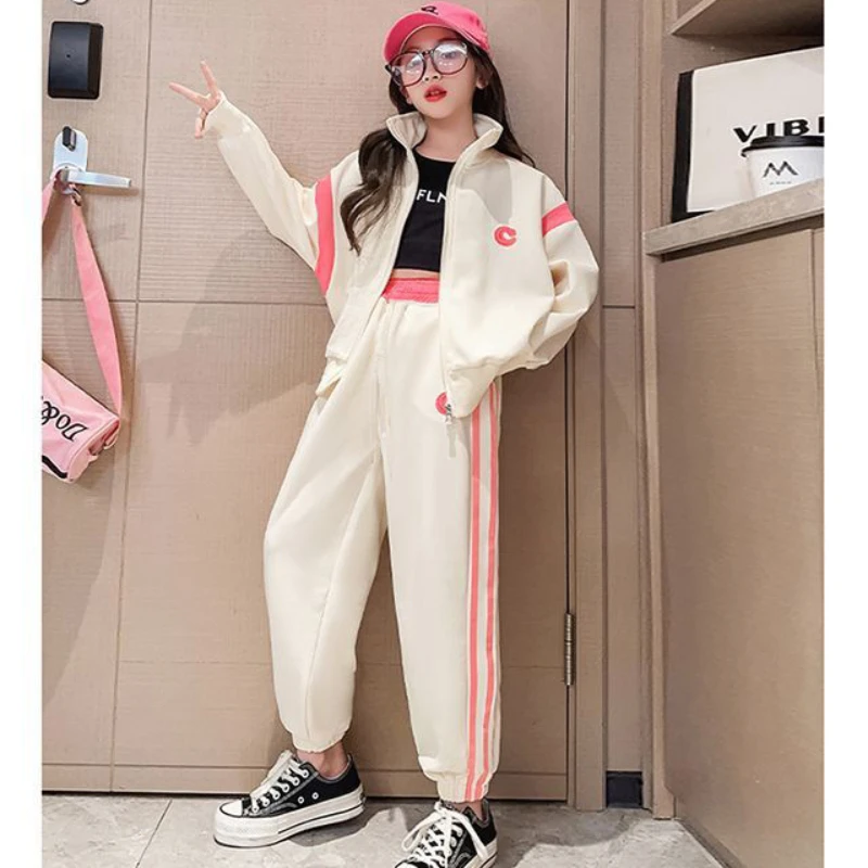 Spring Teenage Girl Clothes Embroidery Jacket Coat and Stripe Pants Outfit Children Casual Top and Bottom 2 Piece Suit Tracksuit