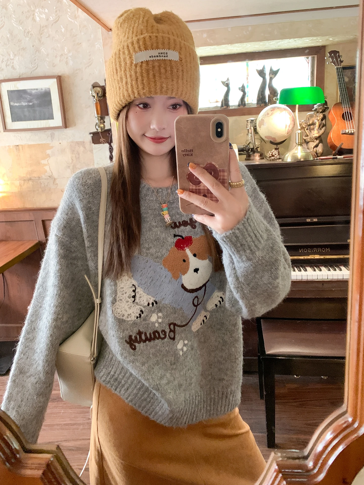 

Вязаный свитер с вышивкой для молодых женщин, свободный крой, зимняя базовая одежда, корейский стиль, длинный рукав, круглый вырез