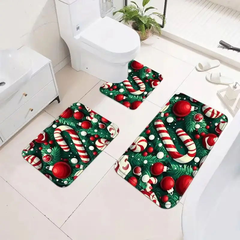 VIKAMA Gingerbread House Toilet Mat Set Christmas Elf Snowflake Red Bathroom Mat Set Non Slip Quick Dry Home Decoration