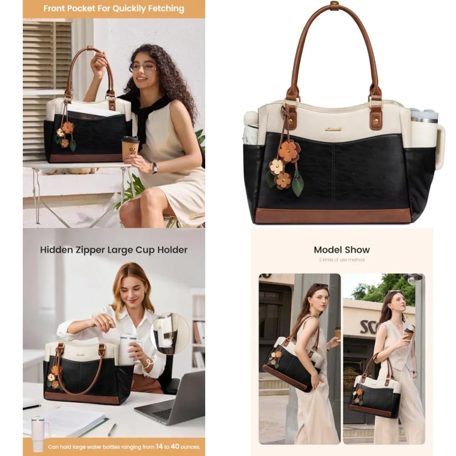 

LOVEVOOK Laptop Bag for Women, Original Vintage Work Tote Bag Computer Office Teacher Bag with Flower Pendant