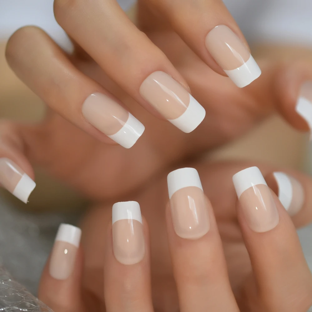 White French Natural Nude False Nails Manicure Square Press on Fake Nails Tips Daily Office Finger Wear with Jelly Sticker Tabs