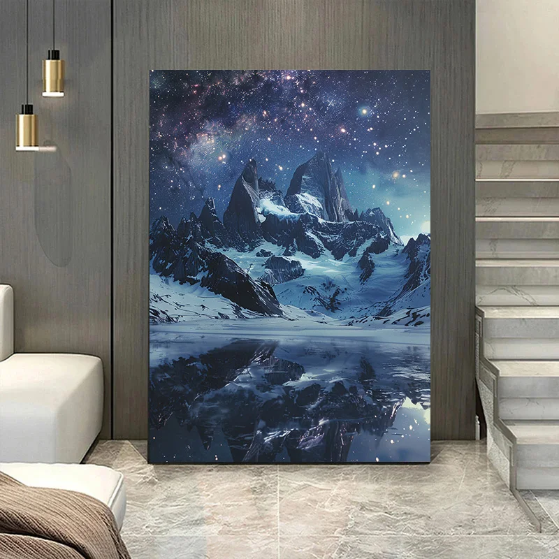 Starry Sky Decoration Bedroom 1pcs Decoration Pictures Room Wall Decororation Canvas Painting Night Snowy Scenery Mountain Peaks